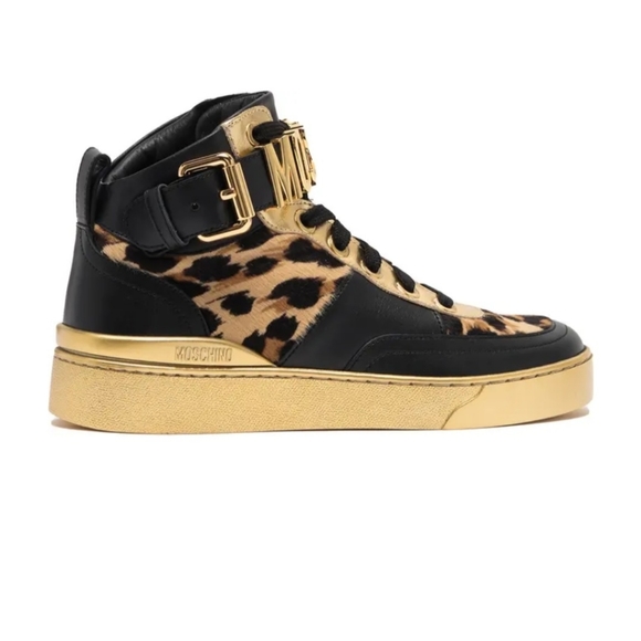 SOLD Moschino Genuine Calf Hair Detail Hi Top Basket Animal Print Sneakers - Picture 3 of 12